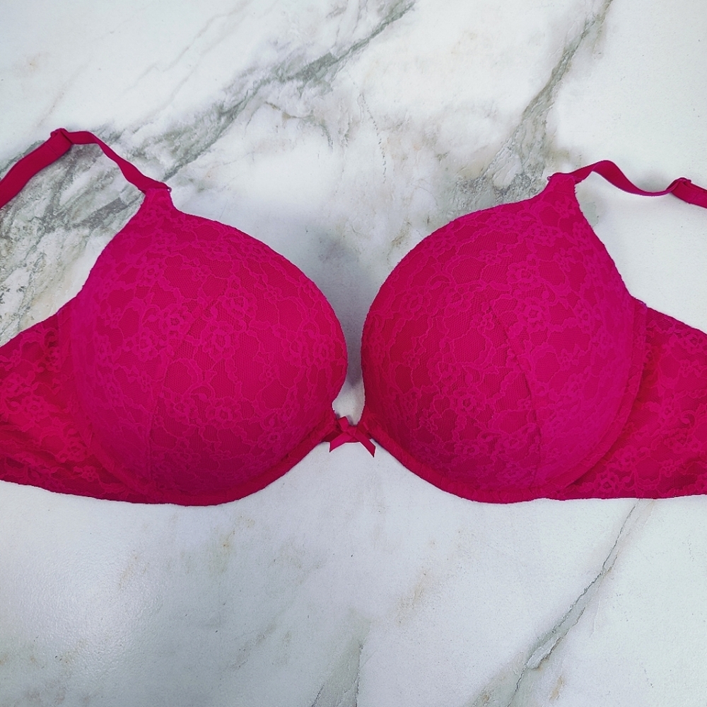 Victoria's Secret Hot Pink Fuchsia Lace Push Up Bra, Sz 36DD